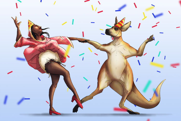 Her new girdle lifted her dress superbly (gurpurb) as she danced in celebration of the birthday with a kangaroo (birthday celebration of a guru)